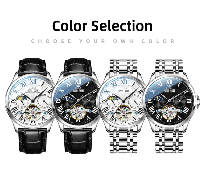OLEVS 7013 Men’s Automatic Mechanical Watch Moon Phase, Roman Numeral Dial, Skeleton Flywheel, Luminous & 30M Waterproof