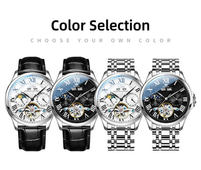 OLEVS 7013 Men’s Automatic Mechanical Watch Moon Phase, Roman Numeral Dial, Skeleton Flywheel, Luminous & 30M Waterproof