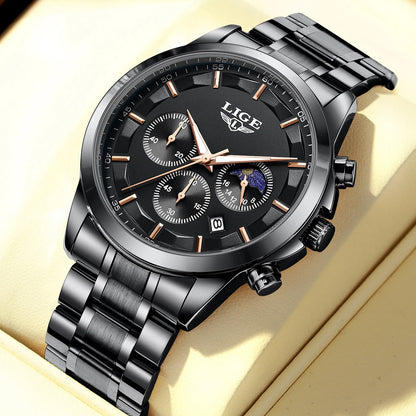 LIGE Men’s Watch – Luxury quartz chronograph, water-resistant (3 bar), with luminescent hands