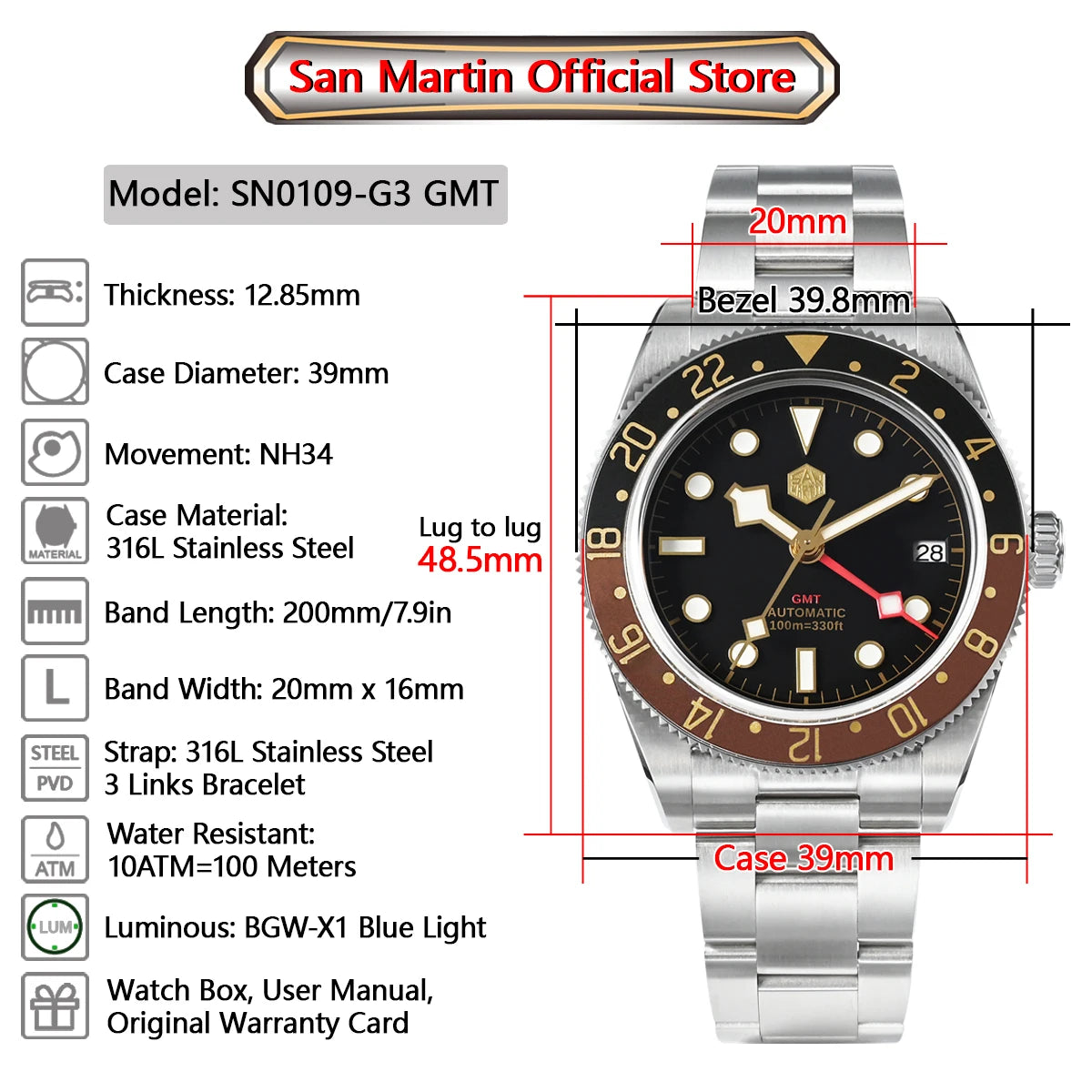 San Martin Root Beer Classic Vintage Luxury Men's Watch 39mm NH34 GMT Automatic Mechanical Watch Sapphire Waterproof 100m SN0109