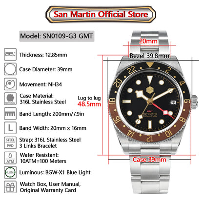 San Martin Root Beer Classic Vintage Luxury Men's Watch 39mm NH34 GMT Automatic Mechanical Watch Sapphire Waterproof 100m SN0109
