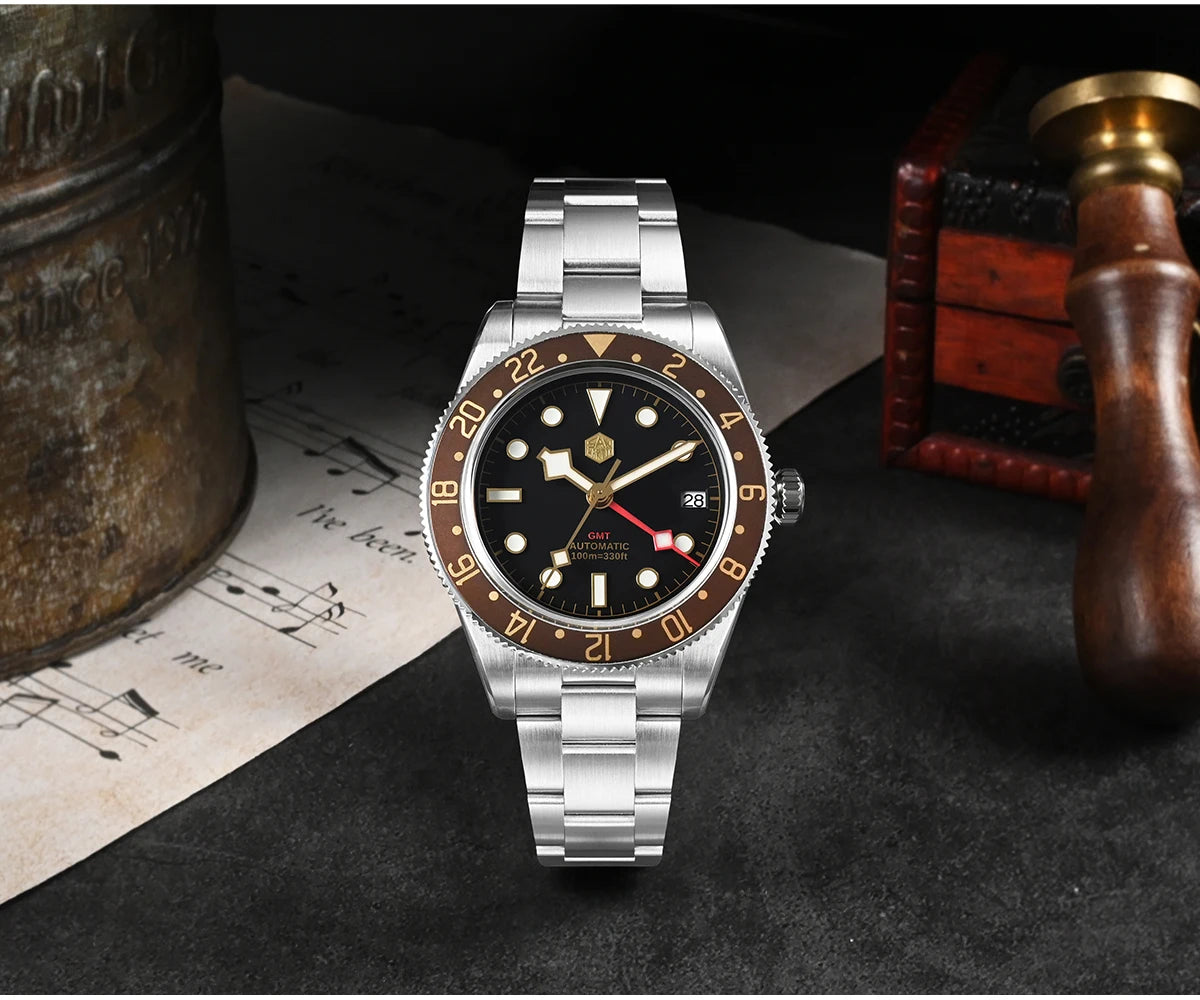 San Martin Root Beer Classic Vintage Luxury Men's Watch 39mm NH34 GMT Automatic Mechanical Watch Sapphire Waterproof 100m SN0109