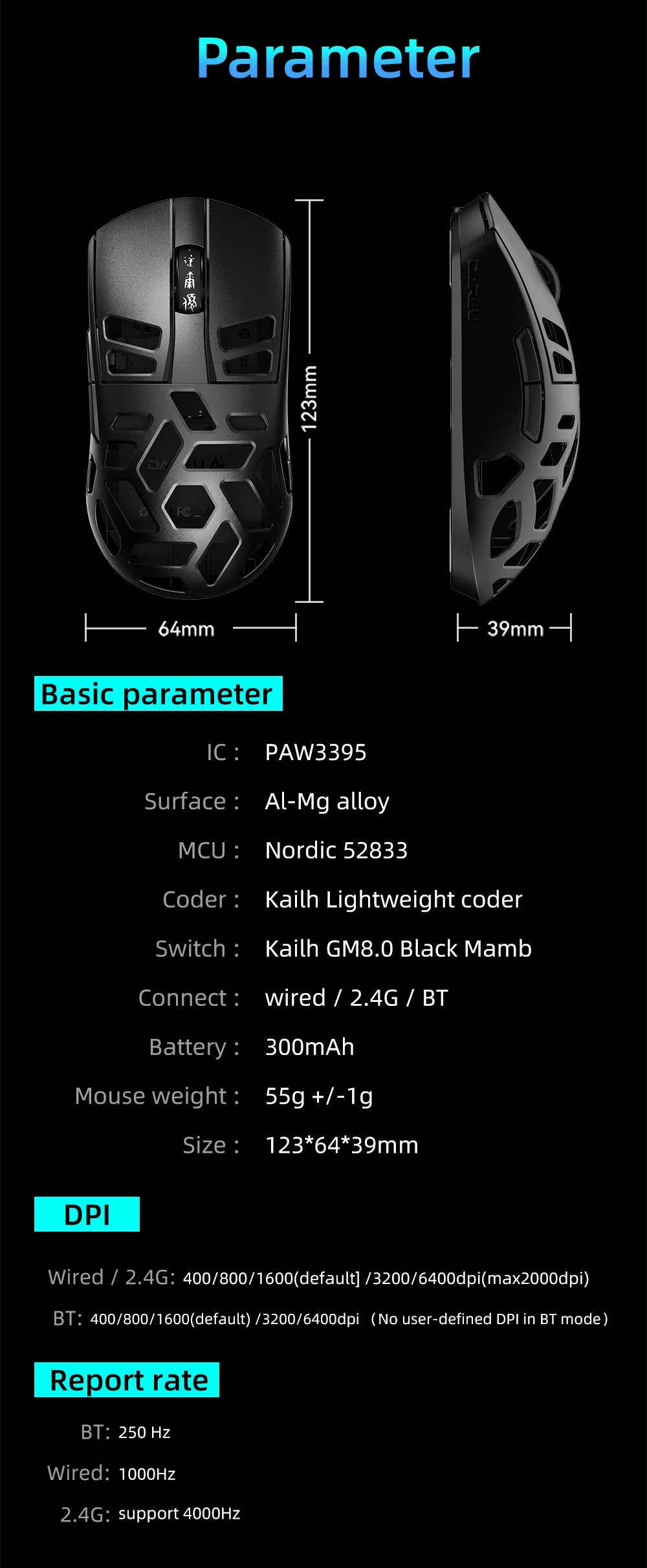 DAREU Al-mg Tri-mode 8Khz PBT bezdrátová herní myš s rychlým nabíjením PAW3950 30000 DPI, lehká, pro PC hráče