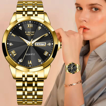 LIGE women’s quartz wristwatch – Elegant and luxurious, displaying the date and day of the week – A simple, water-resistant watch, ideal as a gift for women