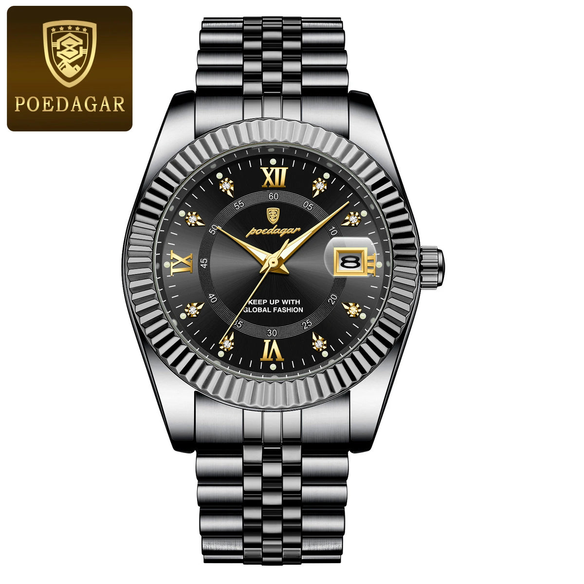 POEDAGAR men’s watch – Luxury model, water-resistant, stainless steel, with luminescent display, military style, date function, quartz movement, ideal for work or professional occasions.