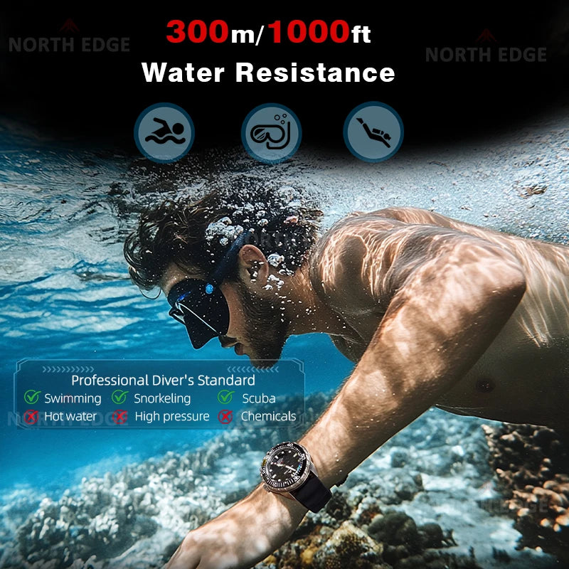 NORTH EDGE NEW+ TRITON-TI titán napelemes búváróra, luxus kvarc karóra férfiaknak, 300 m vízállóság, 180+ napos üzemidő