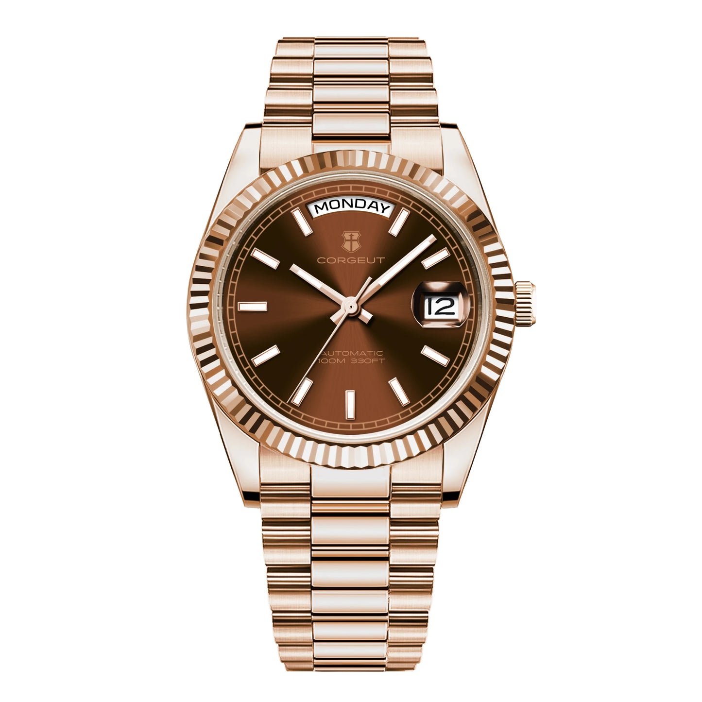 Reloj mecánico CORGEUT NH36 para hombre con indicador de día y fecha, brazalete President, caja de acero, bisel arqueado roscado, waterp
