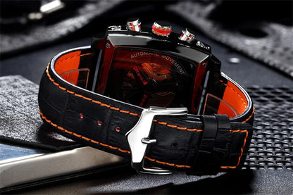 Eredeti márkás férfi karórák – luxus kivitelű, négyzet alakú mechanikus karóra, bőr szíjjal, vízálló, dátum- és hétjelzővel ellátott férfi karórák