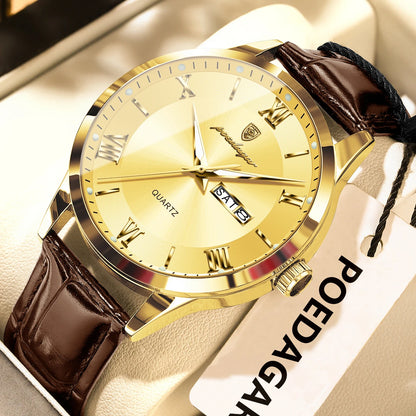 Trendy POEDAGAR men’s watch, leather strap, date and day display, luxury quartz watch, water-resistant, luminous, casual business style.