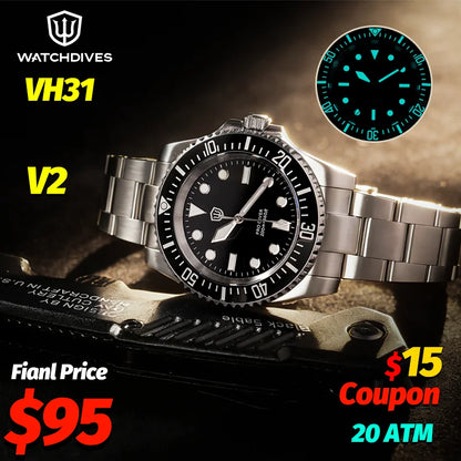 Watchdives WD1680Q V2 Men Watch VH31 Sweep Second Quartz Movement AR Sapphire Luminous BGW9 20Bar Waterproof Steel Wristwatches