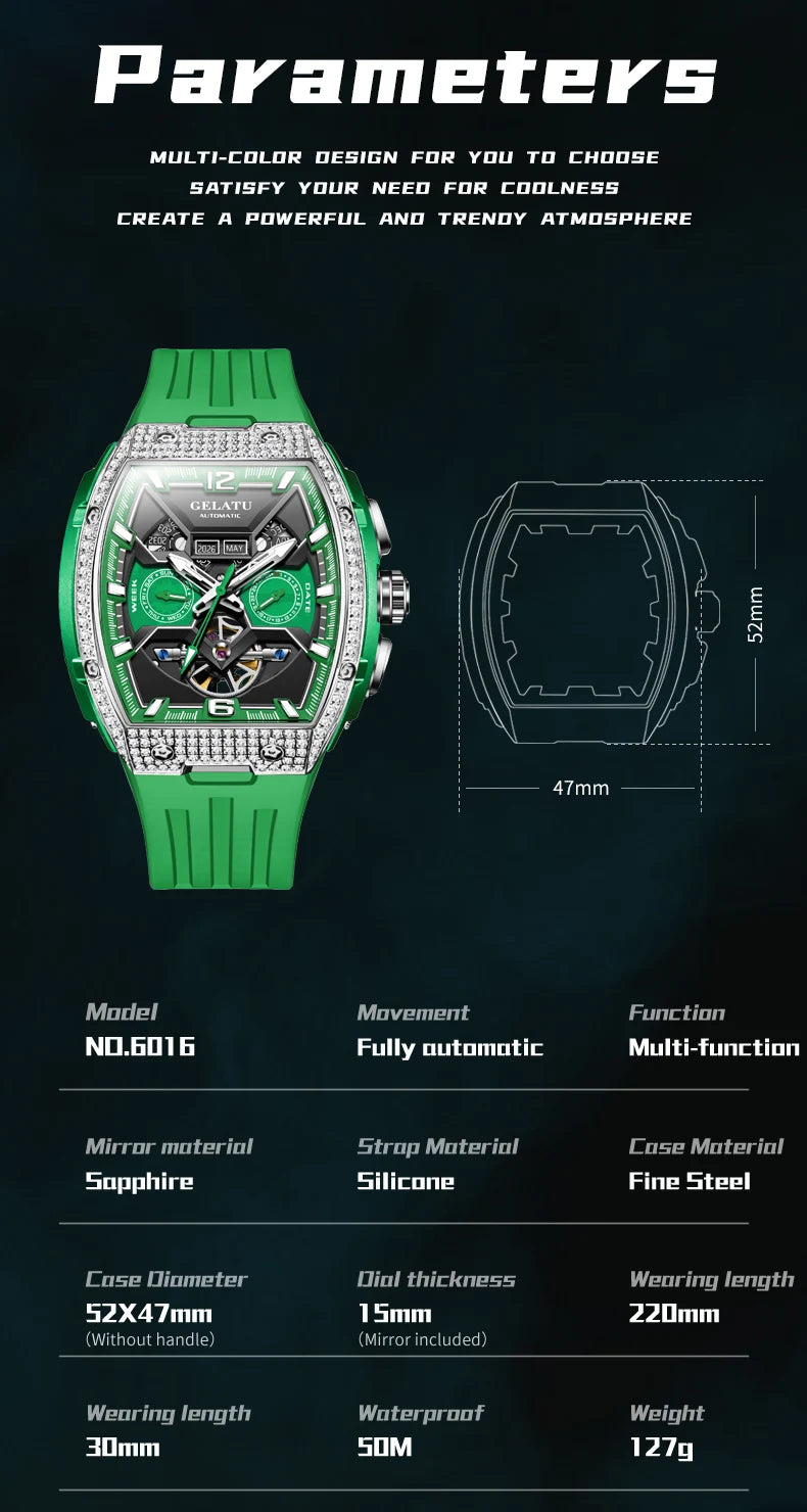 GELATU 6016 High-End Full Diamond Automatic Mechanical Watch for Men Multifunction Hollow Silicone Strap Men's Wristwatches