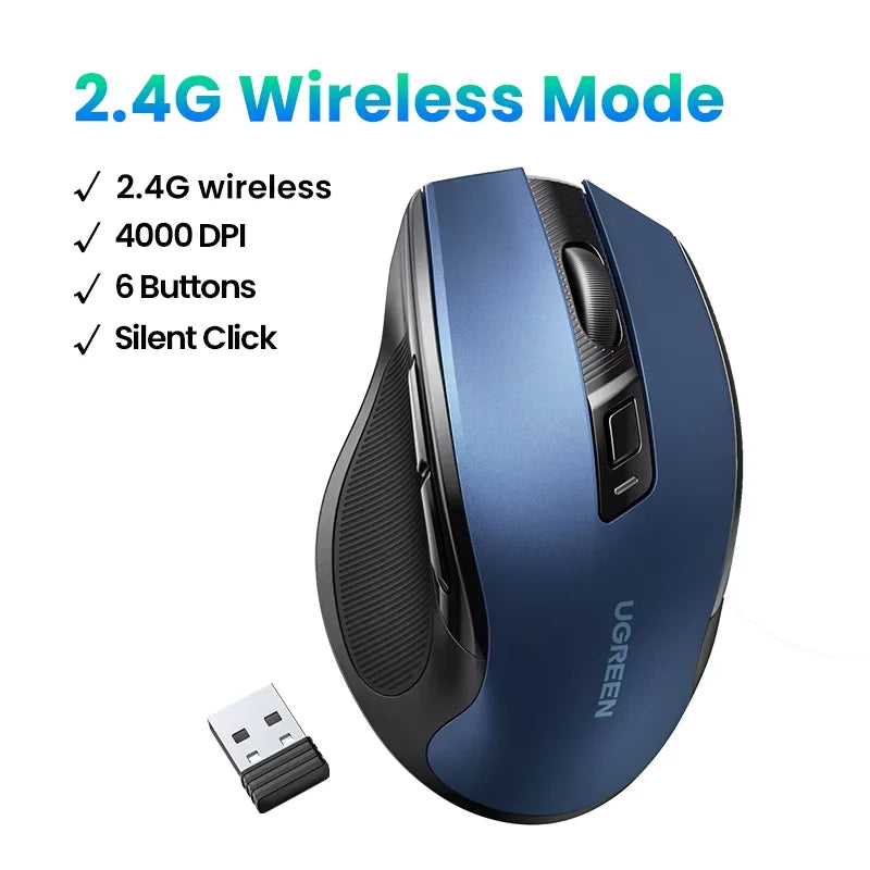 Mysz bezprzewodowa UGREEN Bluetooth 5.0, ergonomiczna, 4000DPI, 6 cichych przycisków, do MacBooka, tabletu, laptopów, komputera PC, 2.4G