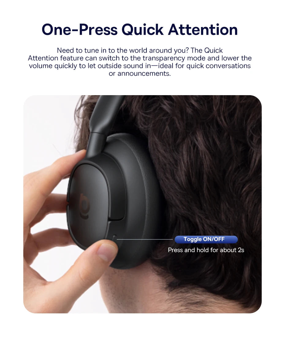 Baseus Bass EH10 NC Wireless Headphones Bluetooth 6.0 Noise Canceling 45dB Over Ear Headset Spatial Audio Earphone 80H Time