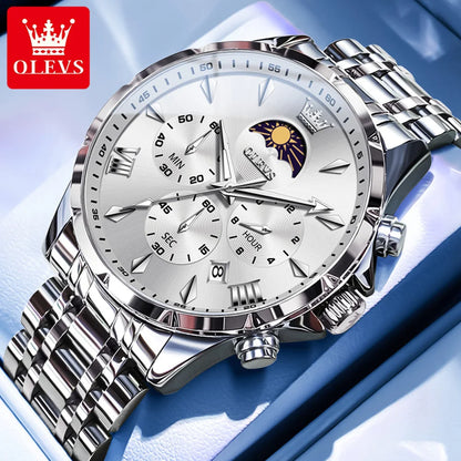 OLEVS 3653 Men’s Quartz Chronograph Watch  Moon Phase, Luminous, Date Display, Stainless Steel & 30M Waterproof