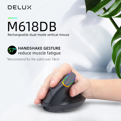 Delux  Ergonomic Vertical Mouse Rechargeable Wireless RGB Mouse Bluetooth 2.4G  4000DPI Gaming Silent Mice For Laptop PC