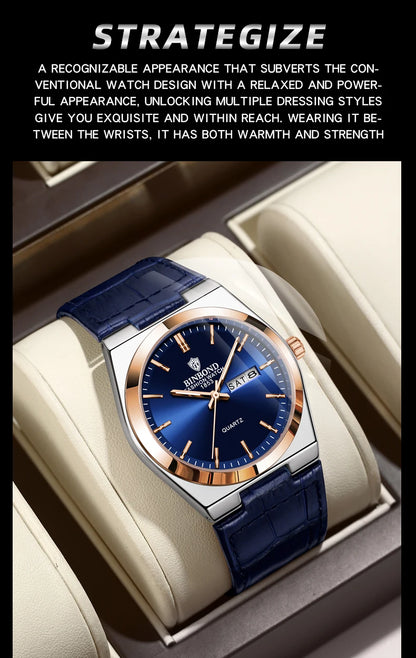 BINBOND Luxury leather strap quartz wristwatches precise luminous waterproof auto date week display durable men's watch reloj