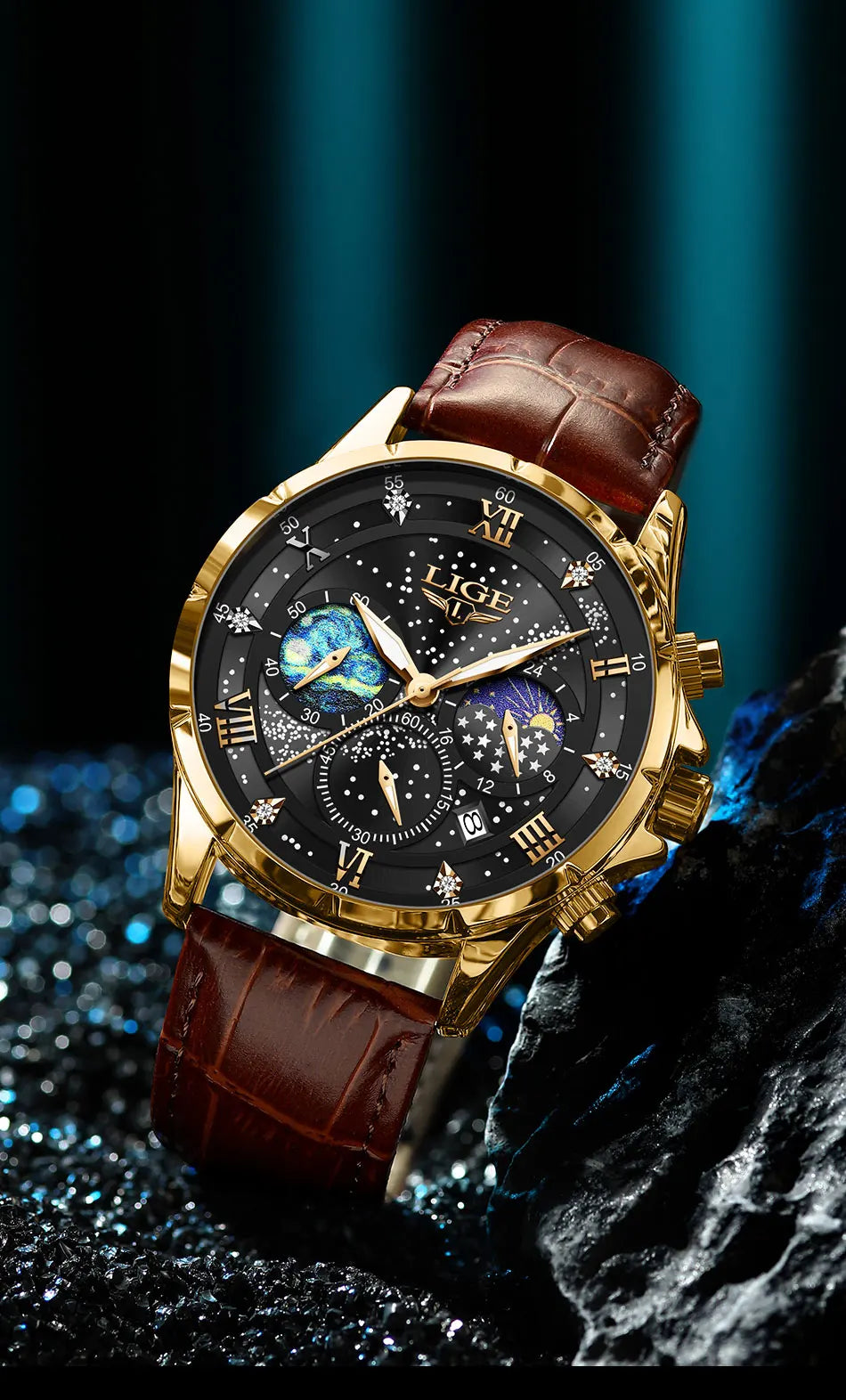 Montre pour homme LIGE – Montre à quartz de luxe, style décontracté, bracelet en cuir, idéale pour le travail ou le sport, étanche, avec date et chronographe.