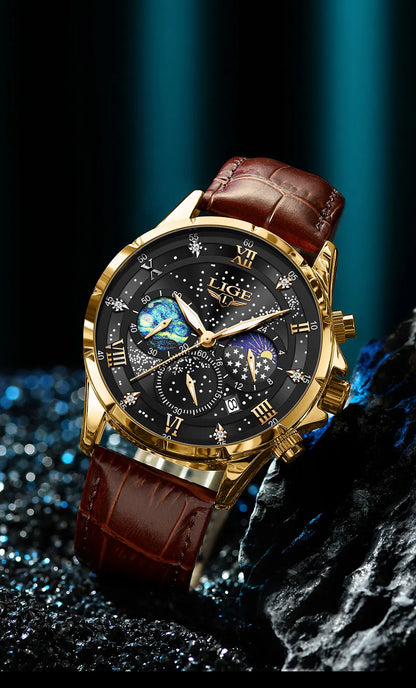 Montre pour homme LIGE – Montre à quartz de luxe, style décontracté, bracelet en cuir, idéale pour le travail ou le sport, étanche, avec date et chronographe.