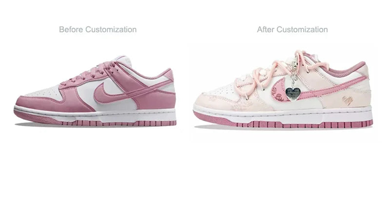 Baskets personnalisées Nike Dunk « Honeyed Rose » : nouvelles chaussures de skate basses pour femme, style chinois, peintes à la main avec un motif en forme de cœur