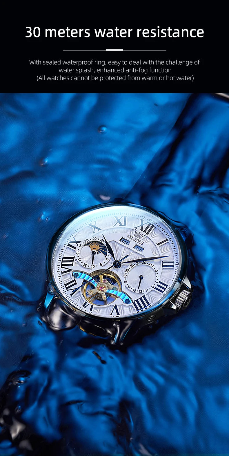 OLEVS 7013 Men’s Automatic Mechanical Watch Moon Phase, Roman Numeral Dial, Skeleton Flywheel, Luminous & 30M Waterproof