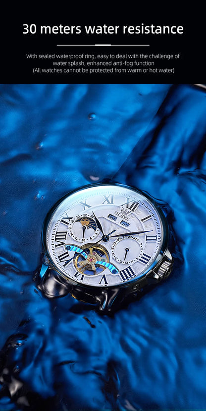 OLEVS 7013 Men’s Automatic Mechanical Watch Moon Phase, Roman Numeral Dial, Skeleton Flywheel, Luminous & 30M Waterproof
