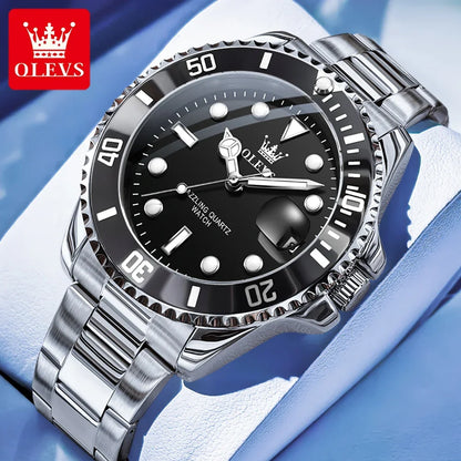 Montre pour homme OLEVS 5885 – Modèle authentique, bracelet en acier, calendrier, mouvement à quartz, livrée dans un coffret cadeau de luxe