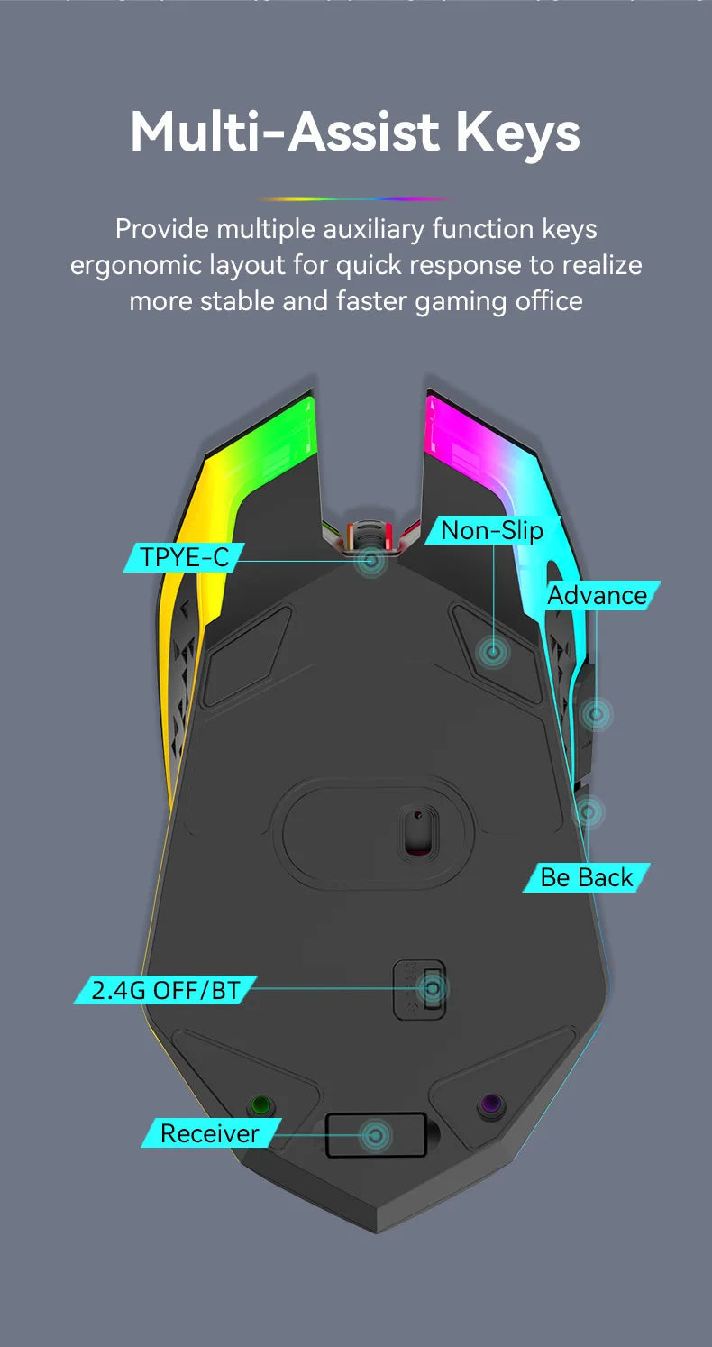 2.4GHz Bluetooth trådløs mus, genopladelig RGB-baggrundsbelysning, 1600 DPI, ergonomisk designet gamingmus til PC, laptop og Macbook