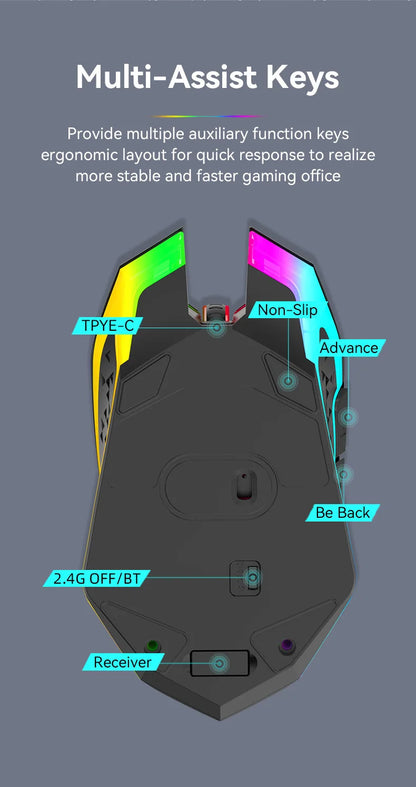 2.4GHz Bluetooth trådløs mus, genopladelig RGB-baggrundsbelysning, 1600 DPI, ergonomisk designet gamingmus til PC, laptop og Macbook
