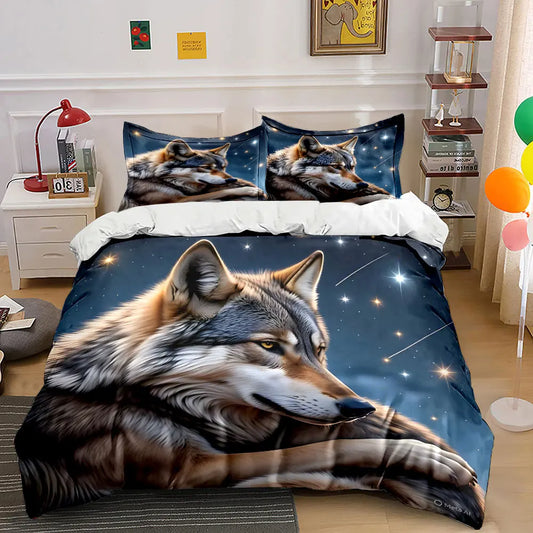 Wolf with starry background Print Bedding Set 1 Duvet Cover 2 Pillowcases for Adult and Children Luxury Gift Full Size