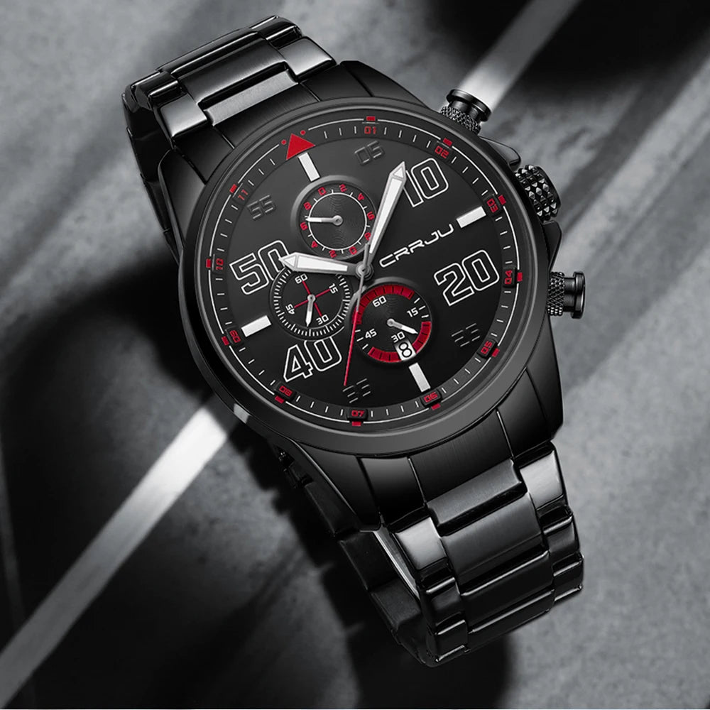 CRRJU men’s watch – Luxury chronograph, large dial, stainless steel, water-resistant, with date display
