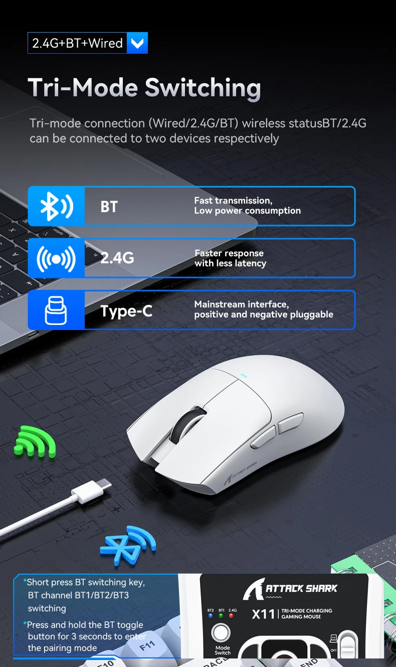 Attack Shark X11&R1 Tri-Mode Bluetooth trådløs mus med opladningsbase, RGB, ergonomisk letvægtsmus, PC-gamer-tilbehør