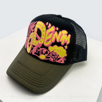 Șepci de baseball unisex interesante, cu litere imprimate 3D, cu parasolar, cu motive de desene animate, respirabile, cu blocuri de culori, șepci de camionagiu din plasă, versatile