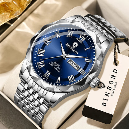 BINBOND Original Brand luxury quartz wristwatch for men, luminous, water-resistant, automatic date, day-of-the-week display, casual style.