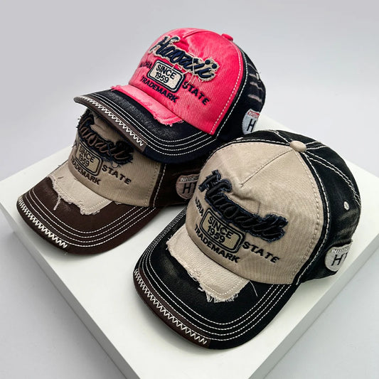 Koreanische Vintage-Waschung Baseballcaps für Herren und Damen aus Baumwolle, Snapback-Caps mit Stickerei, neue vielseitige Mode-Lettering-Freizeitcaps im Distressed-Look