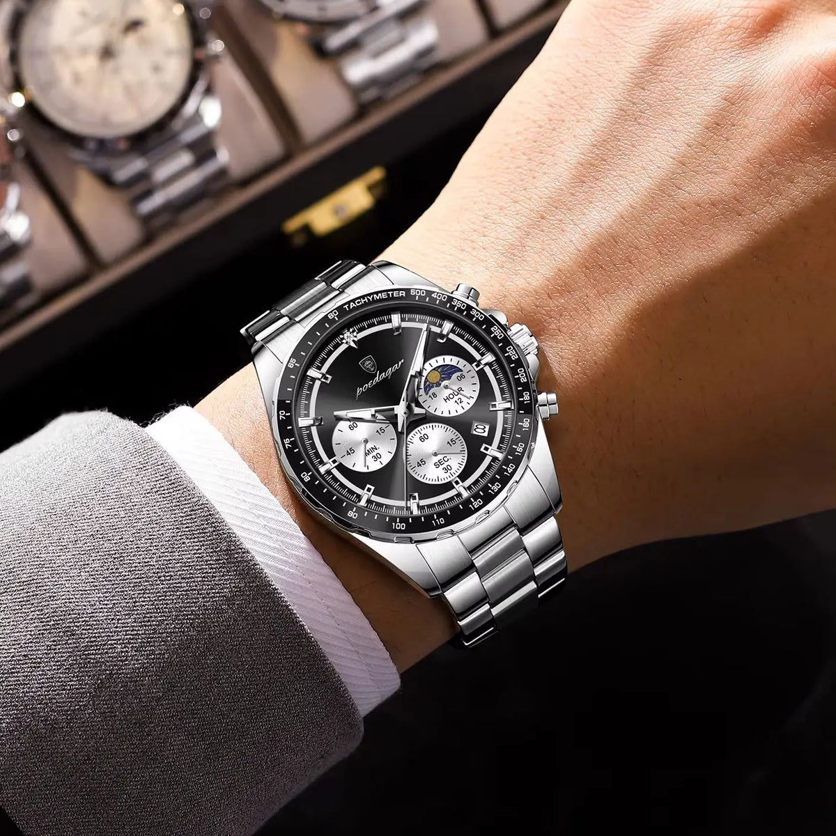 POEDAGAR luxury men’s watch: elegant and water-resistant, a quartz chronograph with date display, featuring a classic and luminous design.