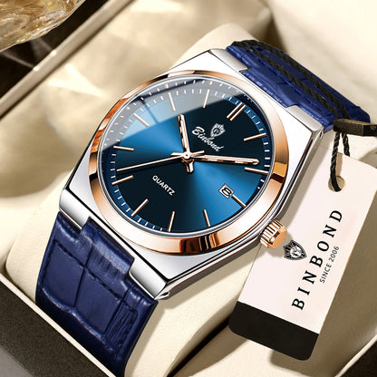 Orologio da polso al quarzo di lusso BINBOND da uomo – Impermeabile, luminescente, con data automatica – Stile professionale, sportivo, alla moda e casual – Cinturino in pelle