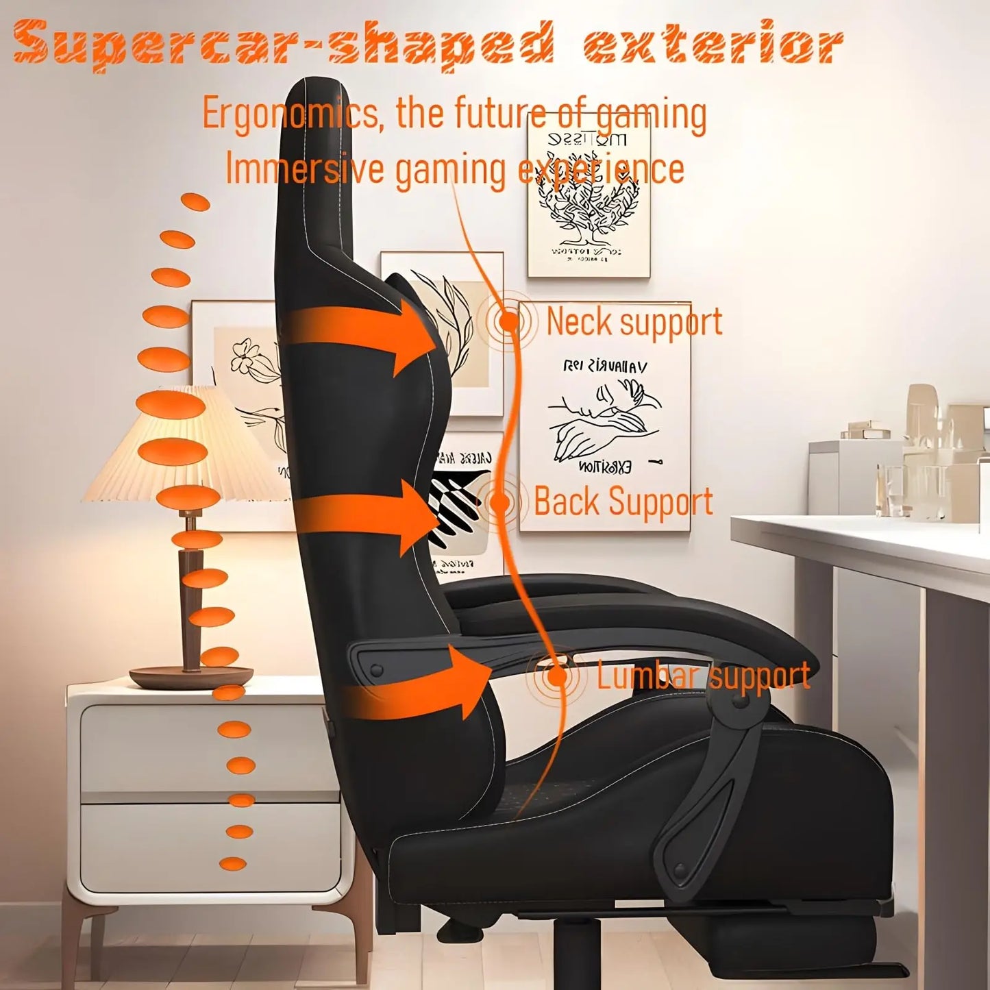Hestora PU kožené velké herní křeslo pro vysoké postavy, ergonomická počítačová židle s vysokým opěradlem, podnožkou a masážní bederní opěrkou pro dospělé