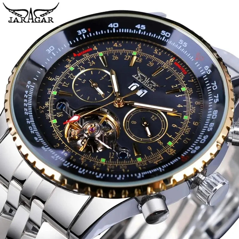 JARAGAR 034 luxury retro automatic mechanical watch, tourbillon, skeletonised case, stainless steel, week calendar, men’s watch