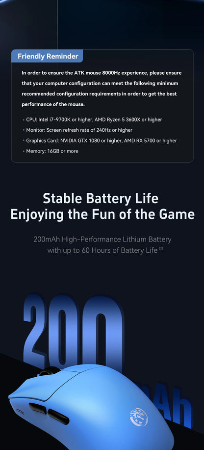 ATK BlazingSky F1 Extreme bezdrátová herní myš PAW3950 Ultra Dual-Mode 8000Hz 35g lehká e-sportovní FPS myš
