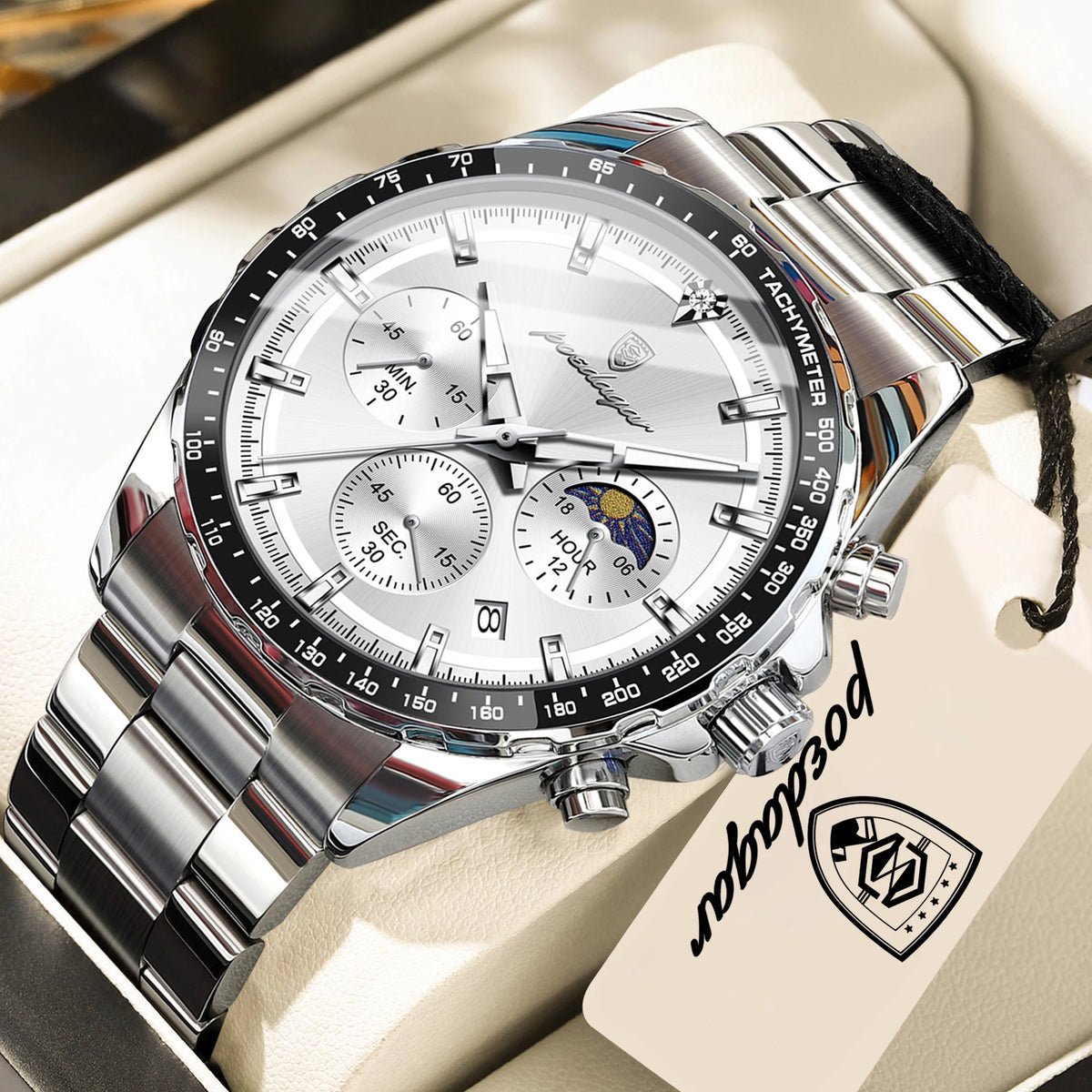 POEDAGAR luxury men’s watch: elegant and water-resistant, a quartz chronograph with date display, featuring a classic and luminous design.