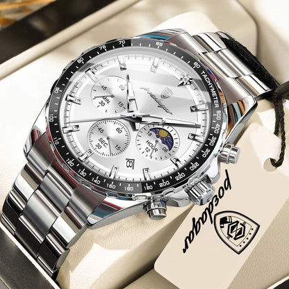 POEDAGAR luxury men’s watch: elegant and water-resistant, a quartz chronograph with date display, featuring a classic and luminous design.