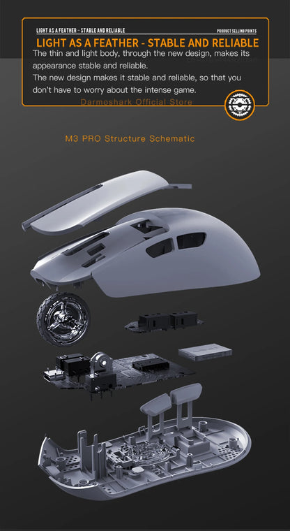 Геймърска мишка Darmoshark M3Pro 2.4G BT безжична Tri-Mode, сензор PAW3395, N52840, 26000DPI, за голяма ръка, макро драйвер, мишка за игри