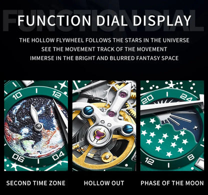 OLEVS Men’s Flywheel Skeleton Automatic Watch Starry Sky Dial, Luminous Mechanical Movement & Waterproof Business Wristwatch