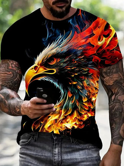 Neues cooles T-Shirt für Herren mit Adler-Motiv, 3D-Print, Flammenadler, sommerliche Streetwear, trendiges Kurzarmshirt, Herren-Tops
