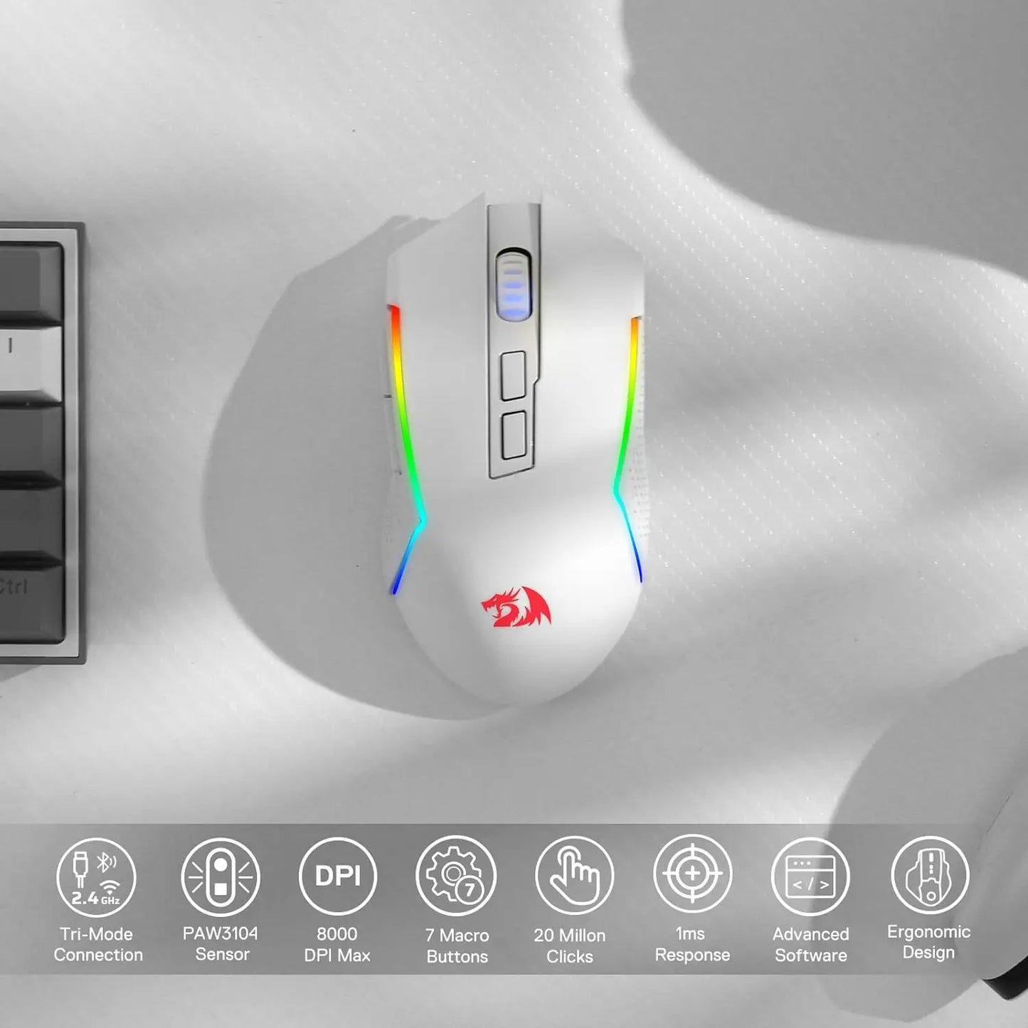 Mysz gamingowa Redragon M693 bezprzewodowa/przewodowa BT & 2.4G Bluetooth 8000 DPI, 3 tryby połączenia, podświetlenie RGB do PC/Mac/Laptopa