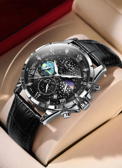 Montre pour homme LIGE – Montre à quartz de luxe, style décontracté, bracelet en cuir, idéale pour le travail ou le sport, étanche, avec date et chronographe.