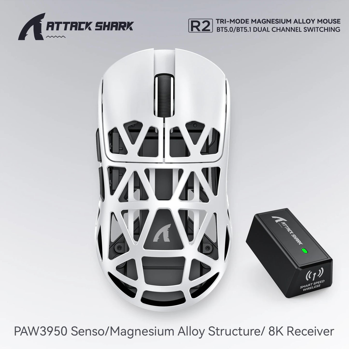 Attack Shark R2 Ασύρματο Gaming Mouse PAW3950 8K από ελαφρύ κράμα μαγνησίου, Bluetooth Tri-Mode για gaming/γραφείο