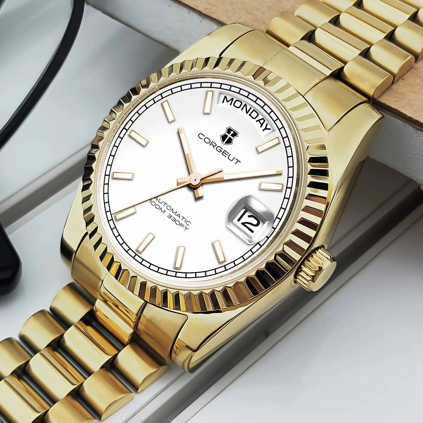 Reloj mecánico CORGEUT NH36 para hombre con indicador de día y fecha, brazalete President, caja de acero, bisel arqueado roscado, waterp