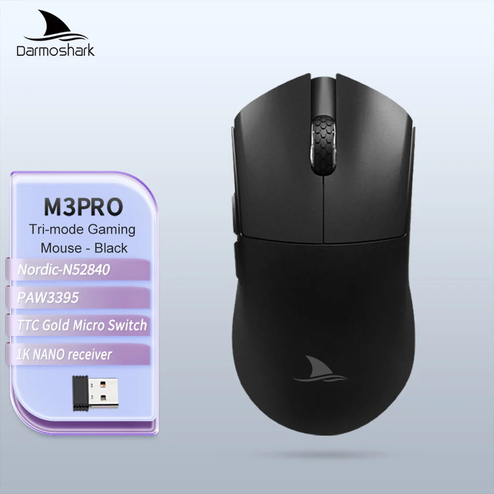 Геймърска мишка Darmoshark M3Pro 2.4G BT безжична Tri-Mode, сензор PAW3395, N52840, 26000DPI, за голяма ръка, макро драйвер, мишка за игри