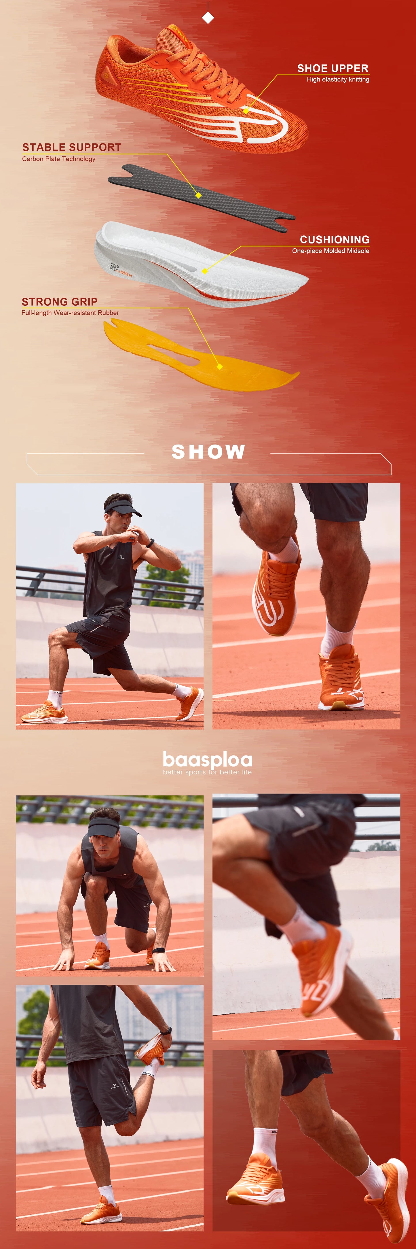 Baasploa Scarpe da running professionali da uomo, leggere e traspiranti, scarpe sportive da jogging da donna con piastra in carbonio, sneakers antiscivolo